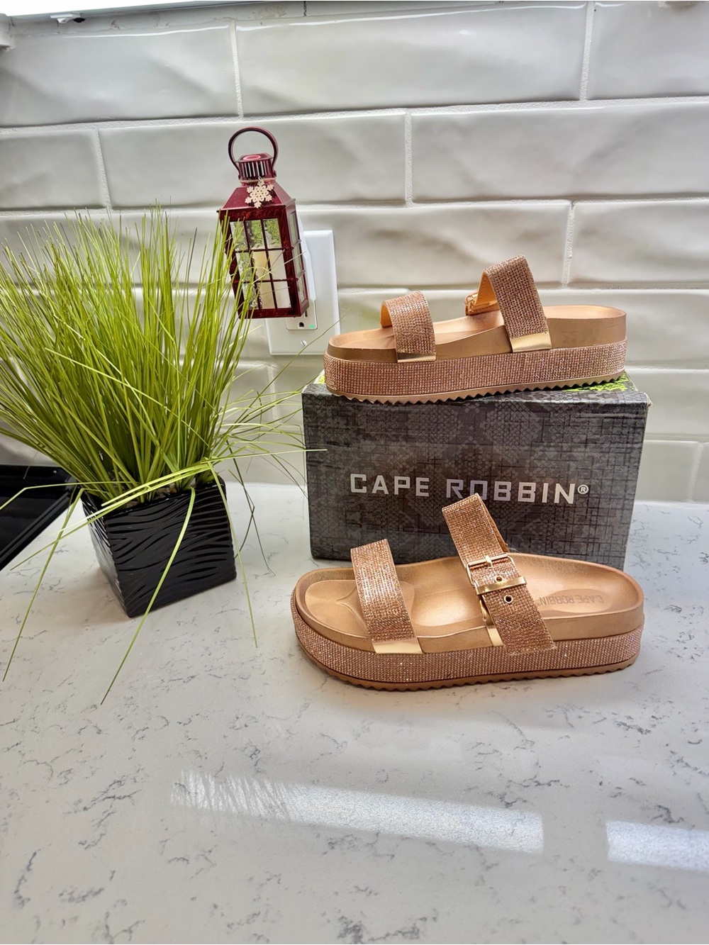 Cape Robbin Metallic Rose Gold Double-Strap Platform Slides